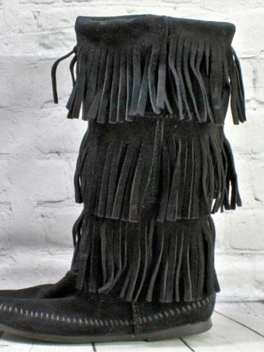 Minnetonka 3-Layer Fringe Boots Black Over-the-Knee vintage size 7